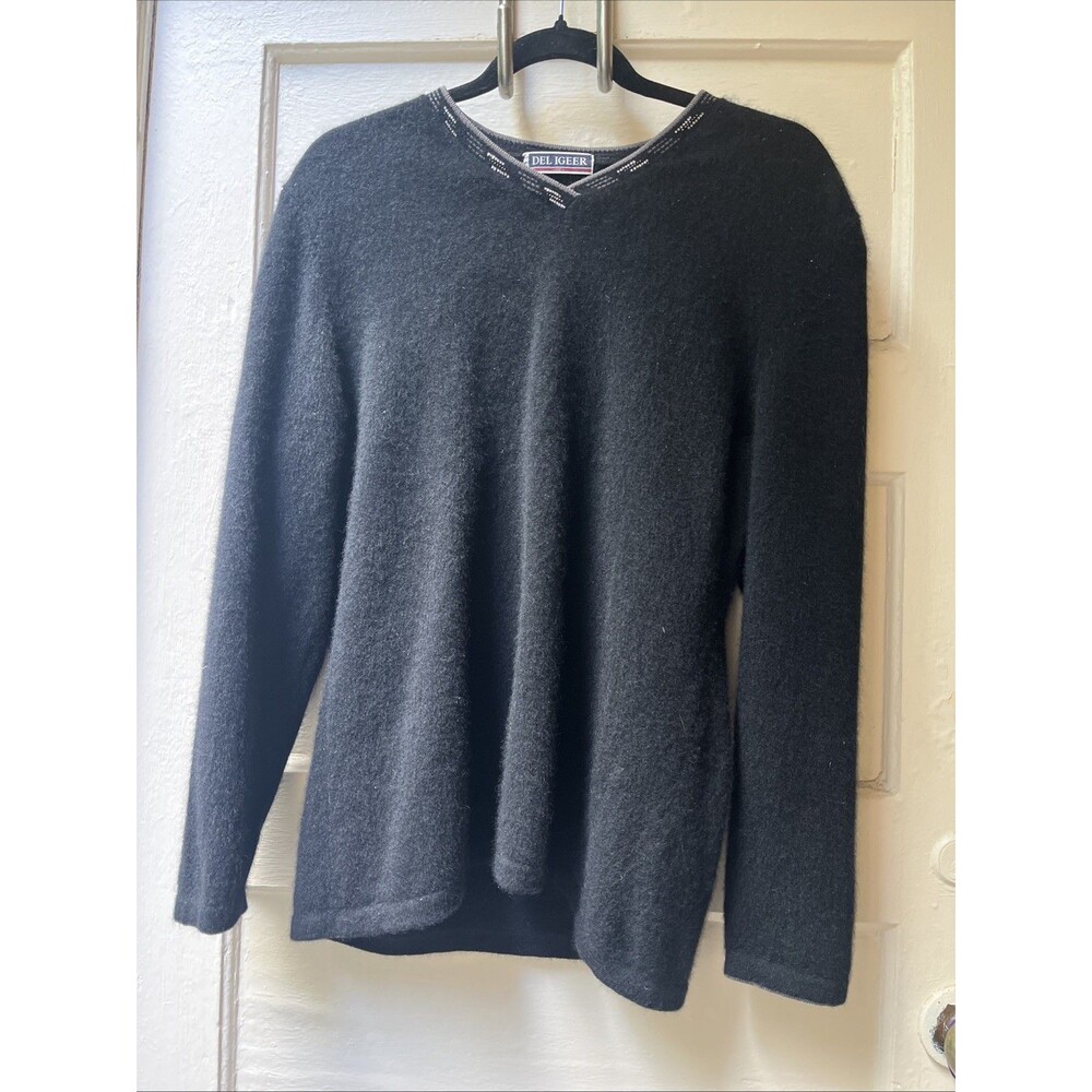 Womens Black Cashmere Sweater L Boho Sophisticated Party Sequins Preppy V neck